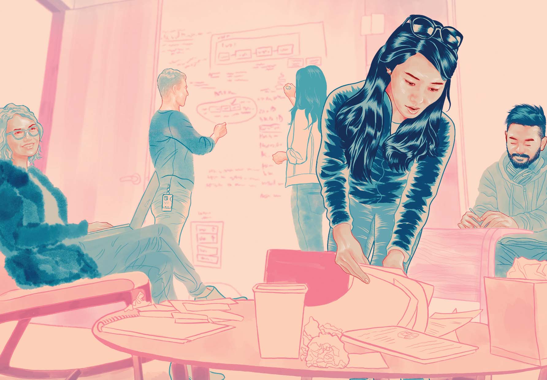 colorful illustration of all team members happily working together in a room