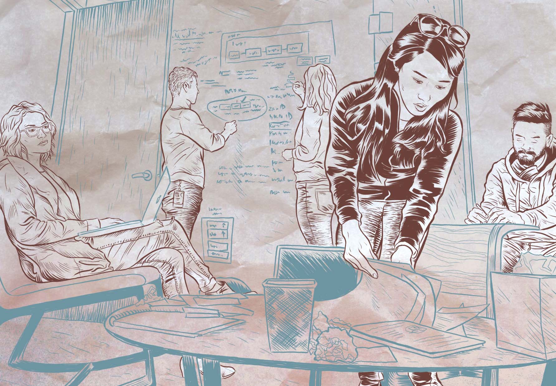 monotone illustration of all team members begrudgingly working together in a room