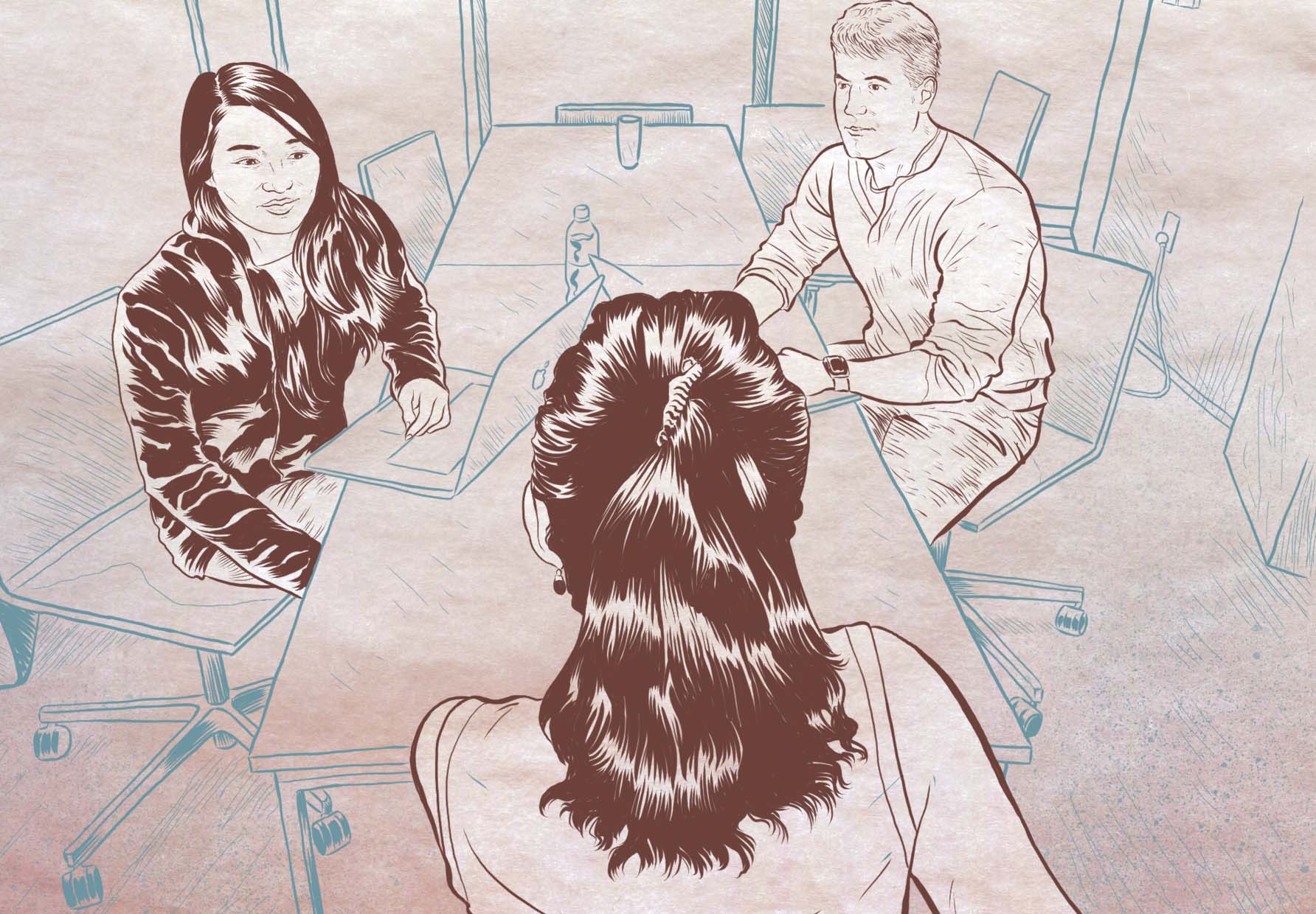 monotone illustration of only two team members conducting a customer interview