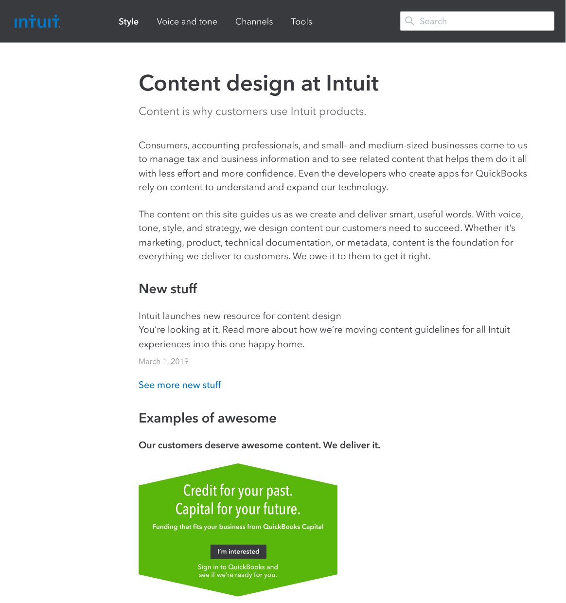 2018 version of Intuit Content Design homepage featuring mostly text