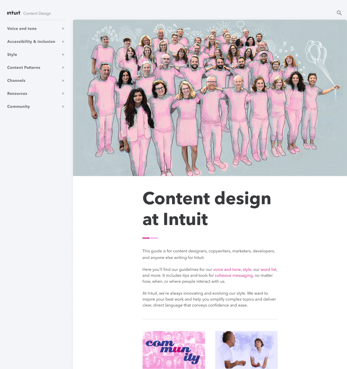2020 redesigned version of Intuit Content Design homepage featuring a photo illustration banner of the content team