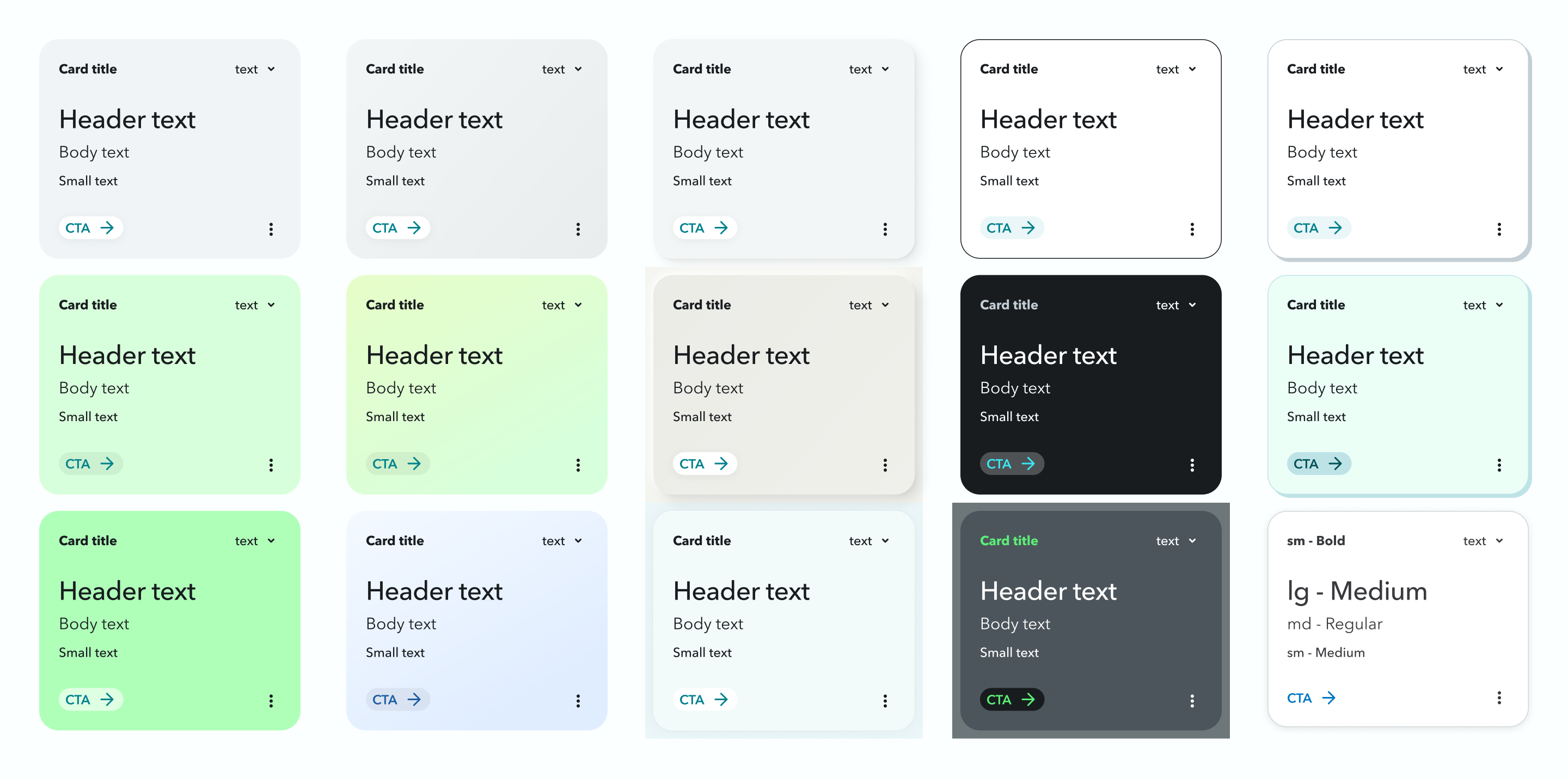 Five columns and three rows of colorful visual design explorations for the widget component