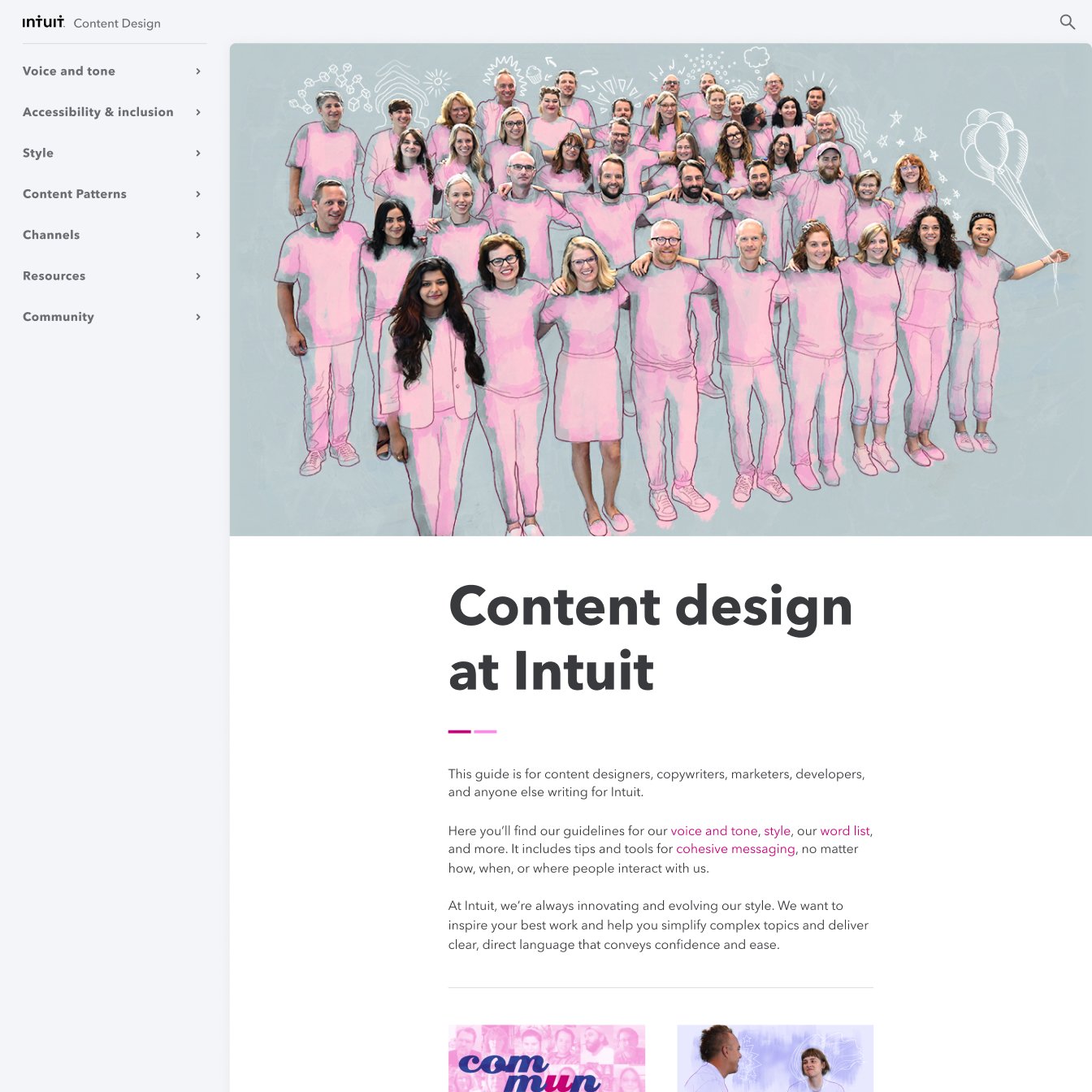 The homepage with an illustration of the content design team dressed in pink, above an introduction to the guidelines.