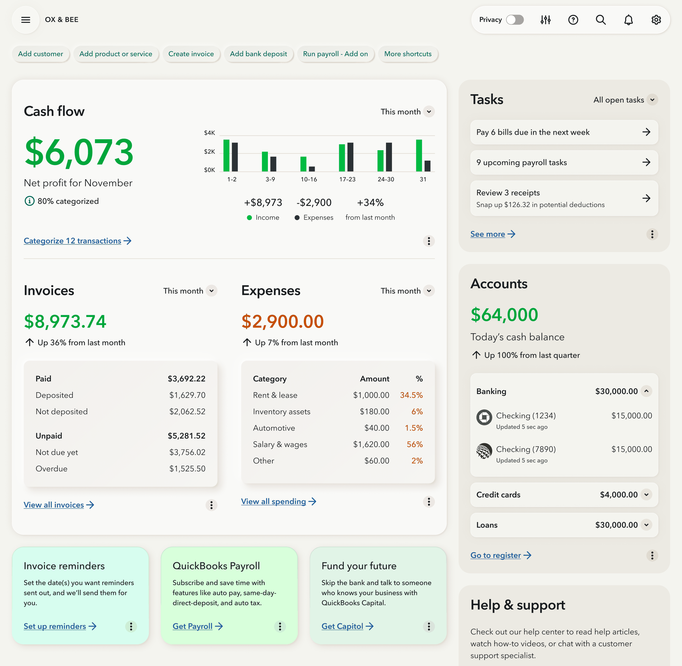 The Best version: soft raised cards on a warm gray background, with large green and orange totals for cash flow, invoices and expenses.