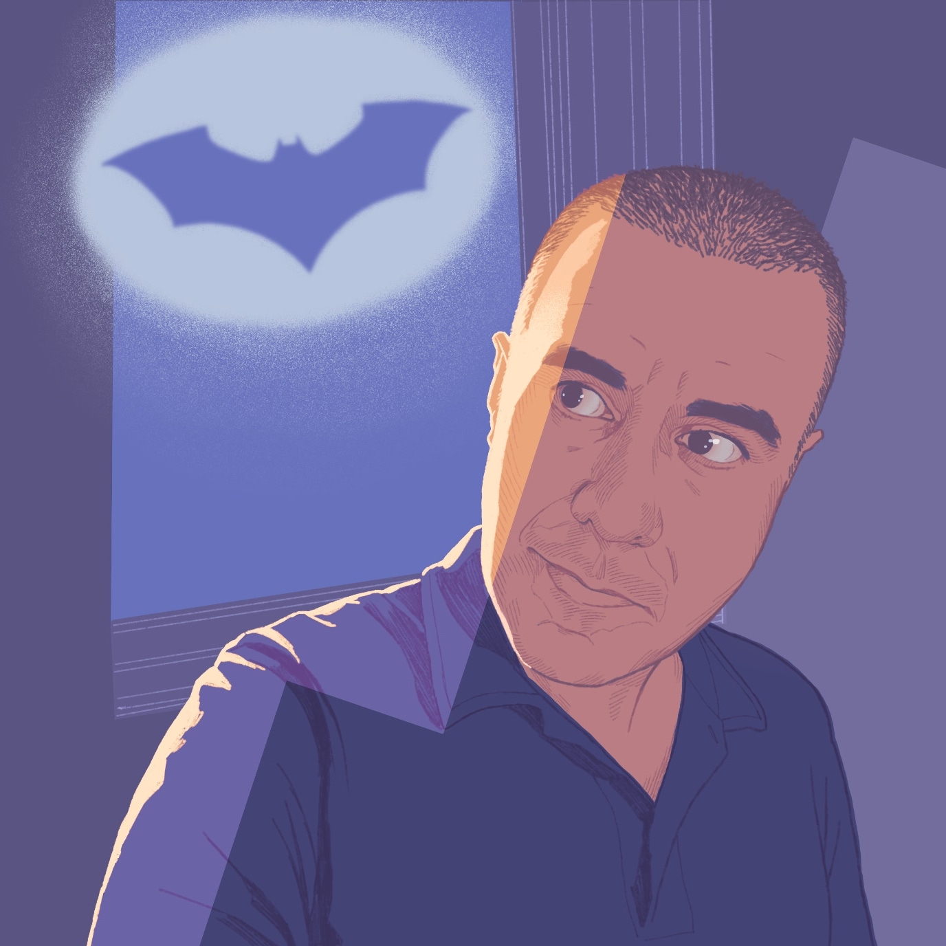 Comic-style self-portrait of Vivek glancing sideways, the Bat-signal glowing behind him.
