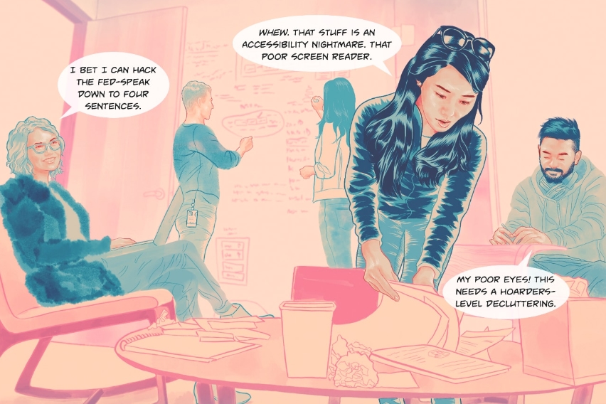 Comic panel of a team working session around a table covered in papers.