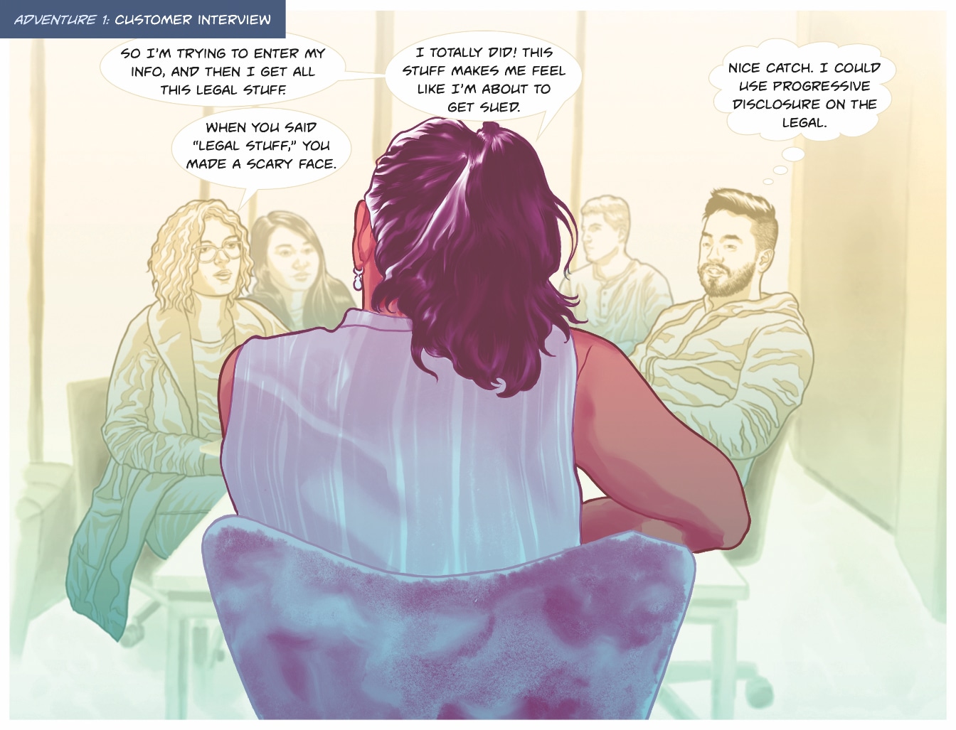 Comic panel: the team sits across from a customer, seen from behind, who says the legal text makes her feel like she's about to get sued.