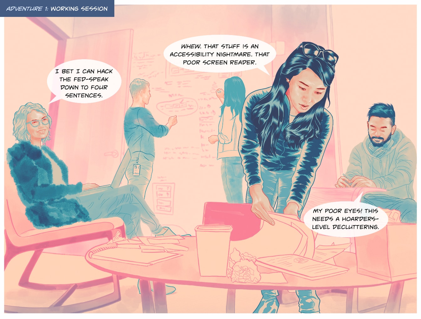 Comic panel: the team works together around a table and whiteboard, joking about a cluttered page.