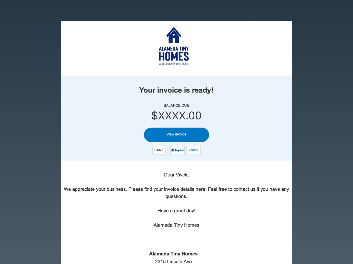 The shipped invoice email on a phone: the business logo, the balance due and a View invoice button in a generic layout.